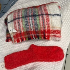 Red Plaid Wool Scarf and Sock Set